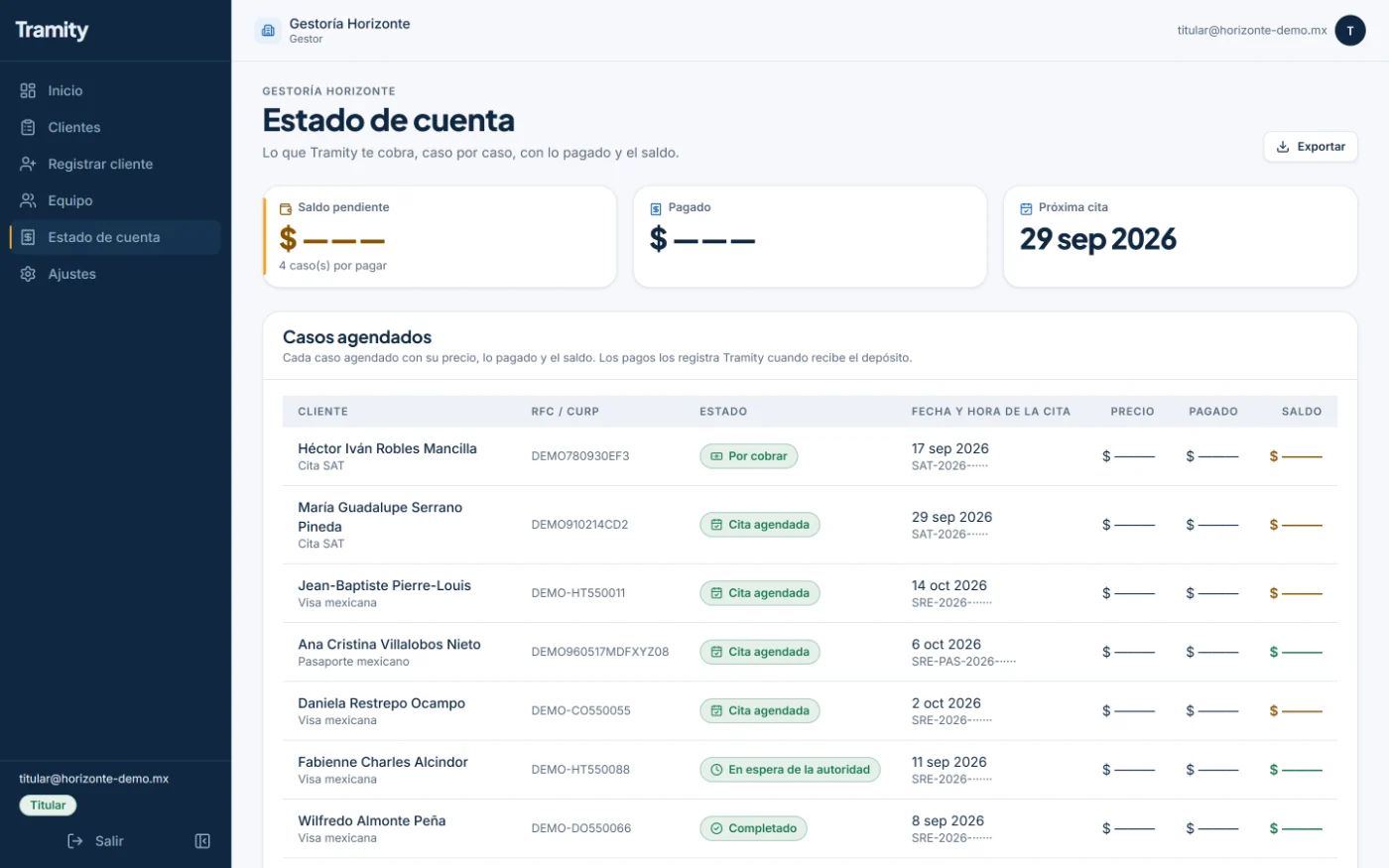 Account statement: each scheduled case with its amount, what has been paid and the balance.